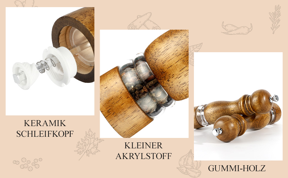 Набір для солі та перцю Jepsen: ручні млини з дерева, наповнювані, з регульованим керамічним ядром, 2 шт.