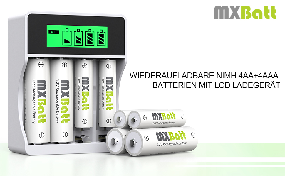 Акумулятори NiMH AA та AAA з зарядним пристроєм, 4 шт. AA 3200mAh, 4 шт. AAA 1200 циклів, USB-C, LCD, швидка зарядка