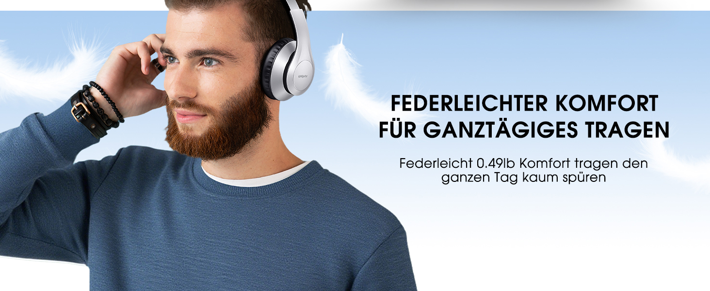 Бездротові навушники Uliptz Over-Ear Bluetooth з 65 годинами роботи, 6 EQ-режимів, HiFi стерео, складна конструкція для подорожей/офісу/телефону/ПК (срібні)