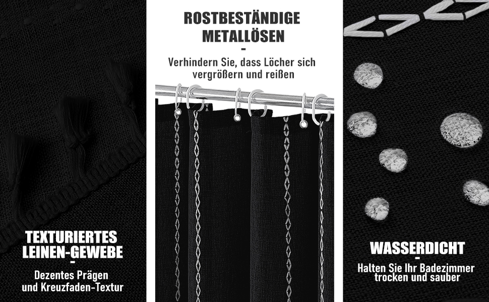 Шторка для душу BTTN 182 x 200 см, бохо-фермерський стиль, важка тканина, смугастий дизайн, бахрома, водовідштовхувальна, з вантажами, 12 гачків, чорно-біла, H200 x B180 см