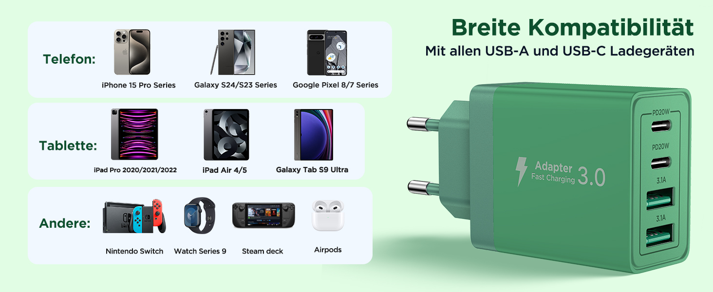 Зарядний пристрій USB-C 40W, мережевий адаптер з QC USB-A та USB-C, швидка зарядка для iPhone, Samsung та інших пристроїв (Темно-зелений)