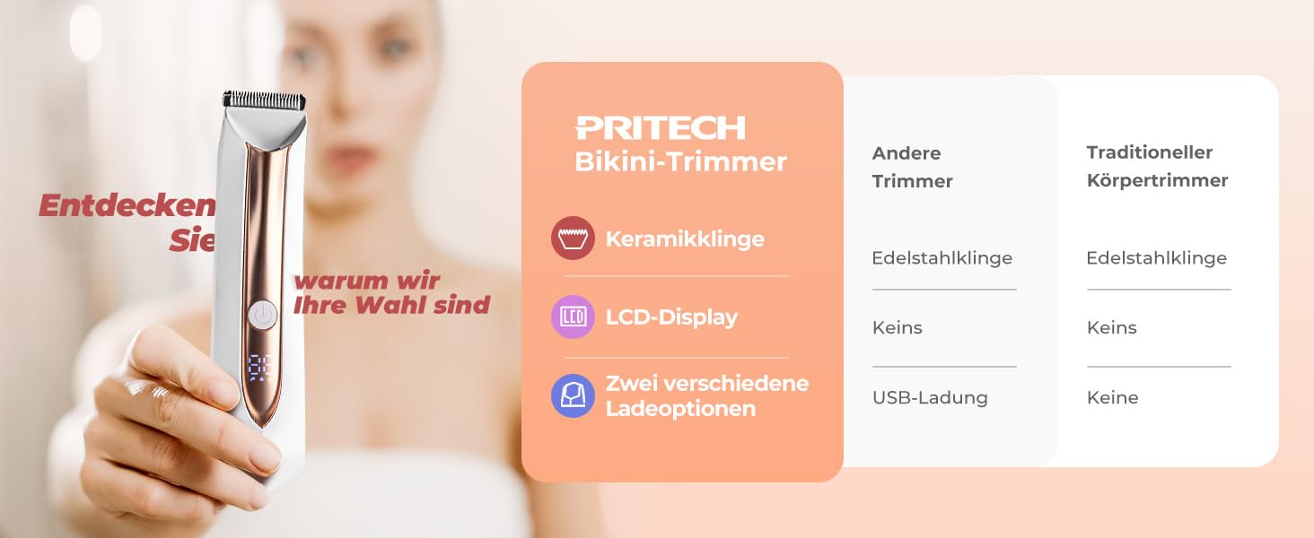 Електричний жіночий тіло-тример PRITECH для бікіні. Вологозахищений (IPX7), USB, з зарядною станцією