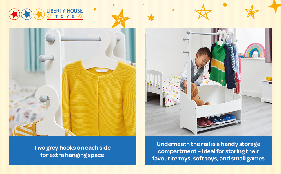 Children's clothes rack with extra storage space and clothes hangers, children's clothes rack, wooden clothes rack with storage, toddlers, children's clothes rack, white and gray