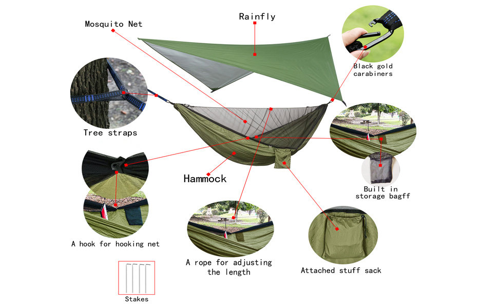 Набір гамаків для кемпінгу: гамак для одного або двох, москітна сітка, захист від дощу, міцний матеріал з парашутної тканини, чорний колір. Підходить для відпочинку на природі, походів, кемпінгу та подорожей.
