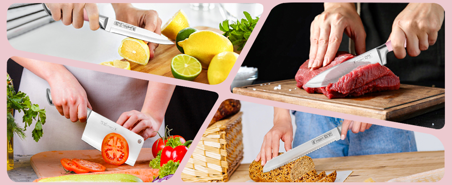 Набір кухонних ножів Justup 9шт з обертовим блоком, рожевий. Набір ножів з нержавіючої сталі з антипригарним покриттям, з точилкою для кухні.