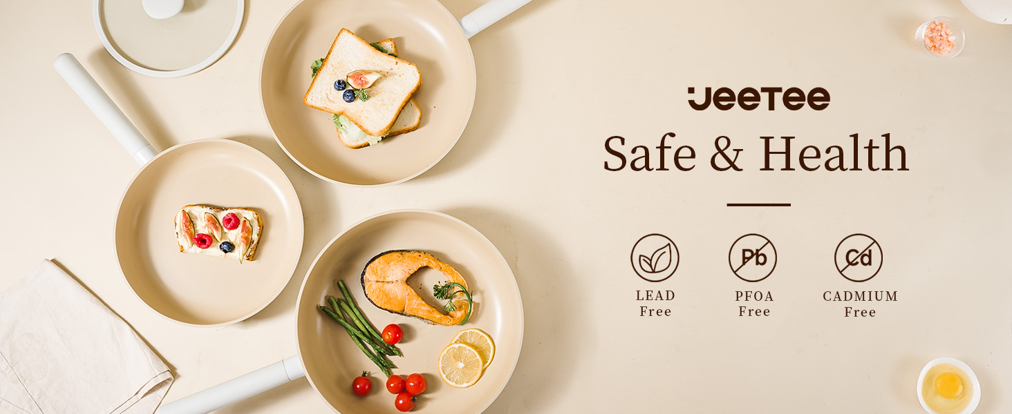 Набір посуду JEETEE 17 предметів з антипригарним покриттям Ceramic, знімні ручки, каструлі 16/20/24 см, сковороди 24/28 см, глибока сковорода 28 см, для всіх типів плит, сумісний з духовкою, бежевий