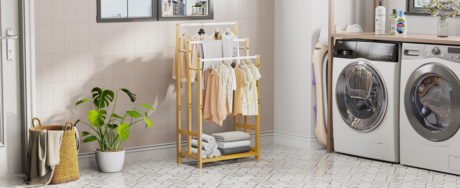 Підставка для рушників Dripex з бамбука, 96 см, з 3 нержавіючими стійками та полицею для ванної кімнати