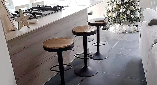 YOUNIKE Adjustable Swivel Bar Stools 2-Pack - Black Wood Kitchen Bar Stools with Footrest - Vintage Style