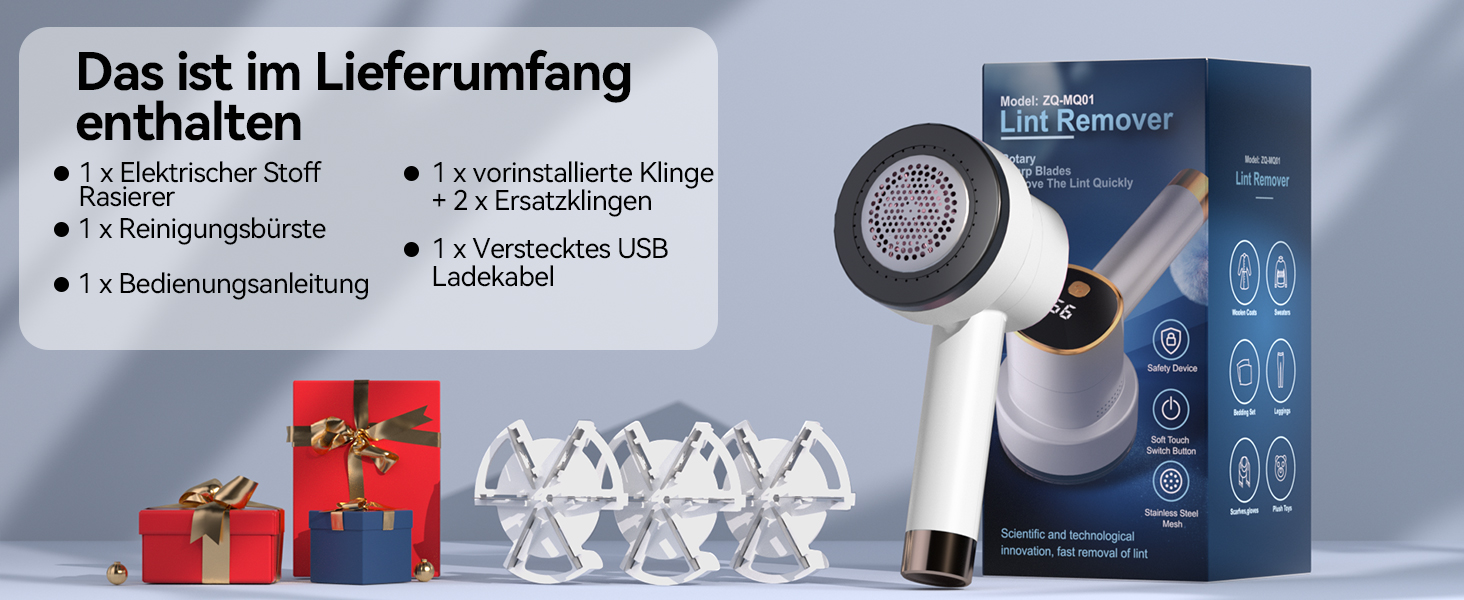 Електричний видалення ворсу з LED-дисплеєм - 6 лез з нержавіючої сталі, 3 швидкості, USB-зарядка. Підходить для одягу, пледів, диванів та постільної білизни (білий)