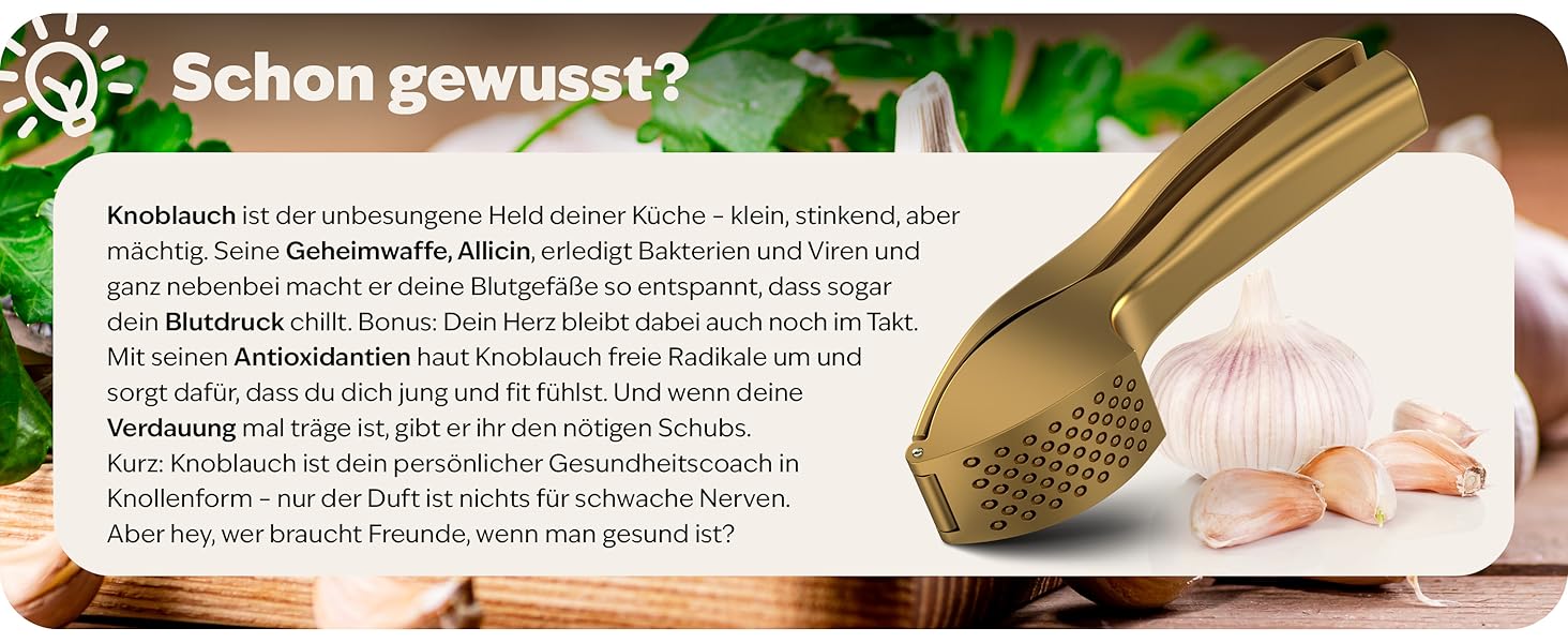 Преміум-прес для часнику Kjøk - з цинкової сплави, хромоване покриття, професійний, для миття в посудомийній машині, стильний, подарунок на День Матері (золотий)