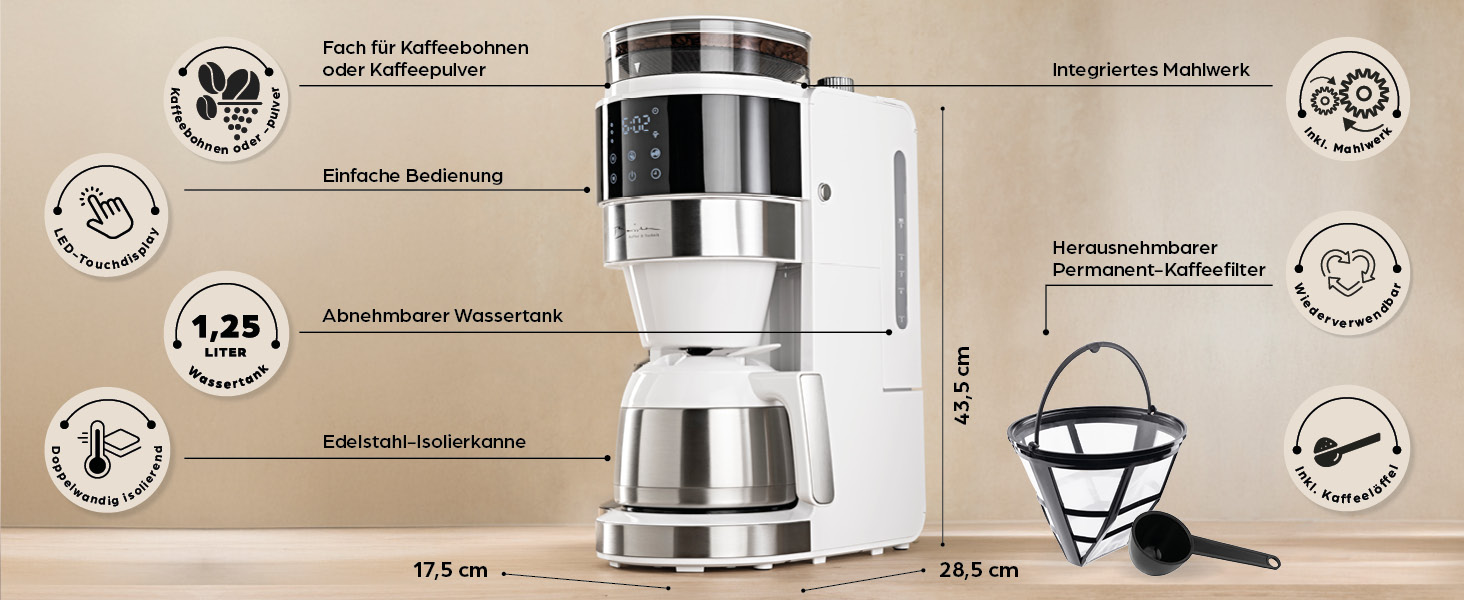 Кавомашина Barista Filterkaffeemaschine з регульованим млинком та термокружка | Функція підігріву, таймер 24 год та постійний фільтр | Для 10 чашок кави | Кавомашина для зерен та меленої кави [Нержавіюча сталь] (9) Weiß (Pro Design) - Термокружка - з млинком