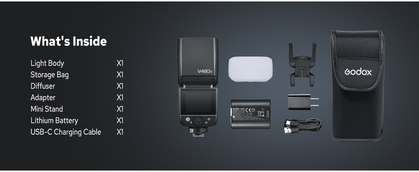 Спалах для камери Godox V480C Canon з сенсорним екраном, GN50, TTL, 2.4G Wireless, 1/8000 HSS, 650 J, 1.7s час відблиску, Li-ion акумулятор 7.2V/2200mAh