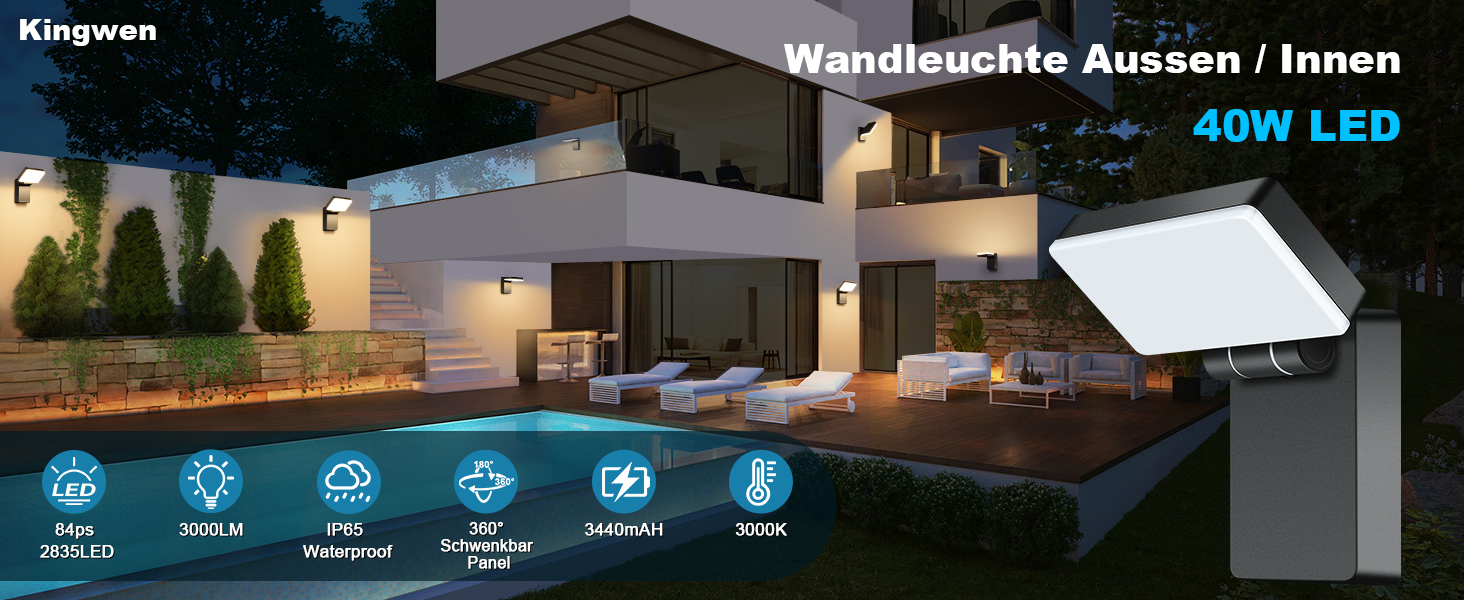 Зовнішня LED-стінна лампа Kingwen 40W, 3000K, поворотна на 360°, IP65, чорна, для дому та вулиці