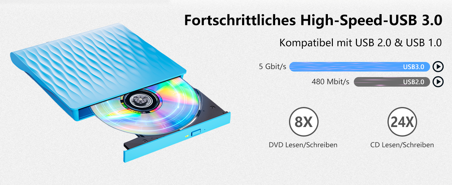 Зовнішній DVD CD привід DANGZW USB 3.0 Type-C, портативний DVD-брунер та плеєр для ноутбука та ПК (Windows, MacOS, Linux), синій