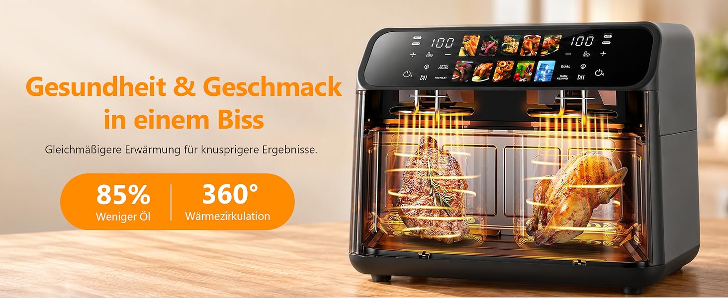 Аерофритюрниця Air Fryer 9л 2000 Вт, двокамерна фритюрниця з гарячим повітрям та термоізольованими ручками, чорна (901-schwarz)