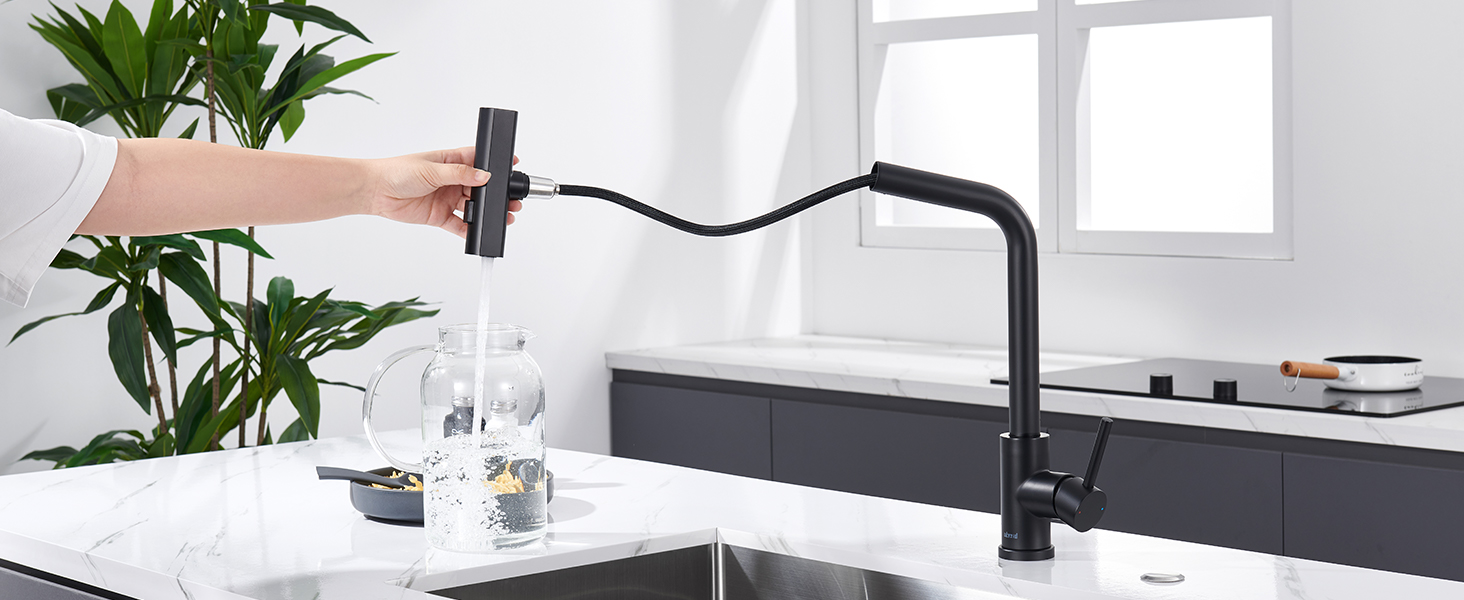 Чорний кухонний змішувач з висувною лійкою, водоспад, високий тиск, 3 режими, поворотний на 360°, з нержавіючої сталі, матовий, для кухні