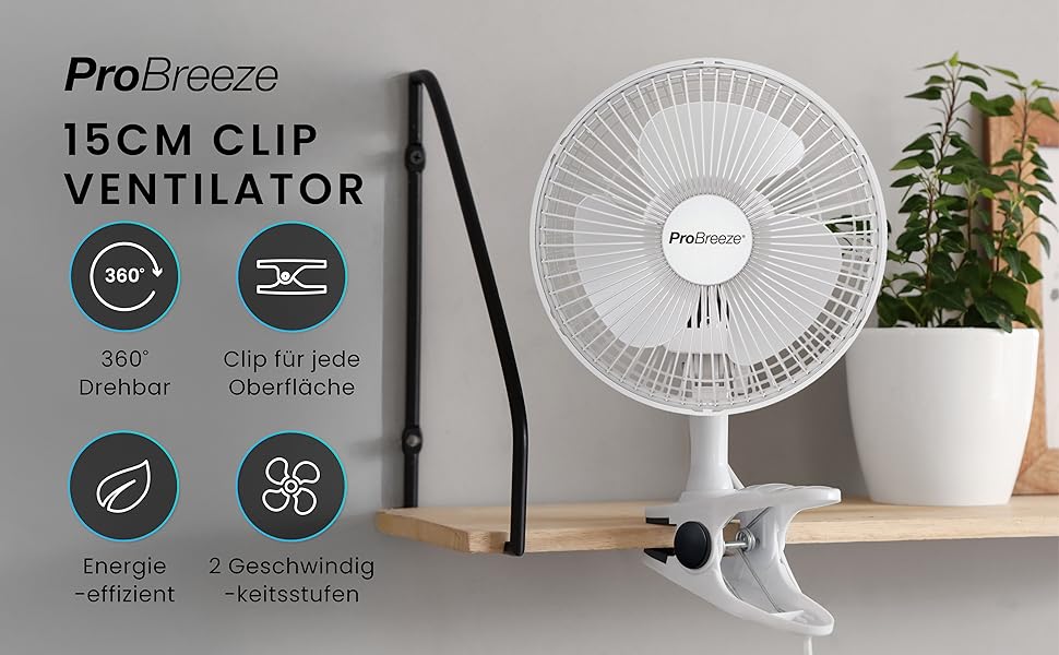 Mini вентилятор Pro Breeze з кліпсою, 20 см, 2 швидкості, тихий, для столу, офісу, кімнати, росту рослин, білий
