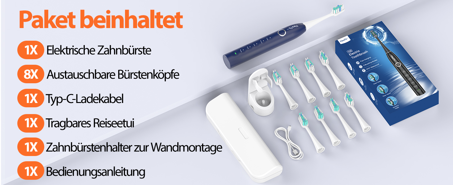 Електрична зубна щітка зі звуковими вібраціями, 8 насадок, 5 режимів, таймер, 120 днів роботи від акумулятора, для дорослих, синього кольору