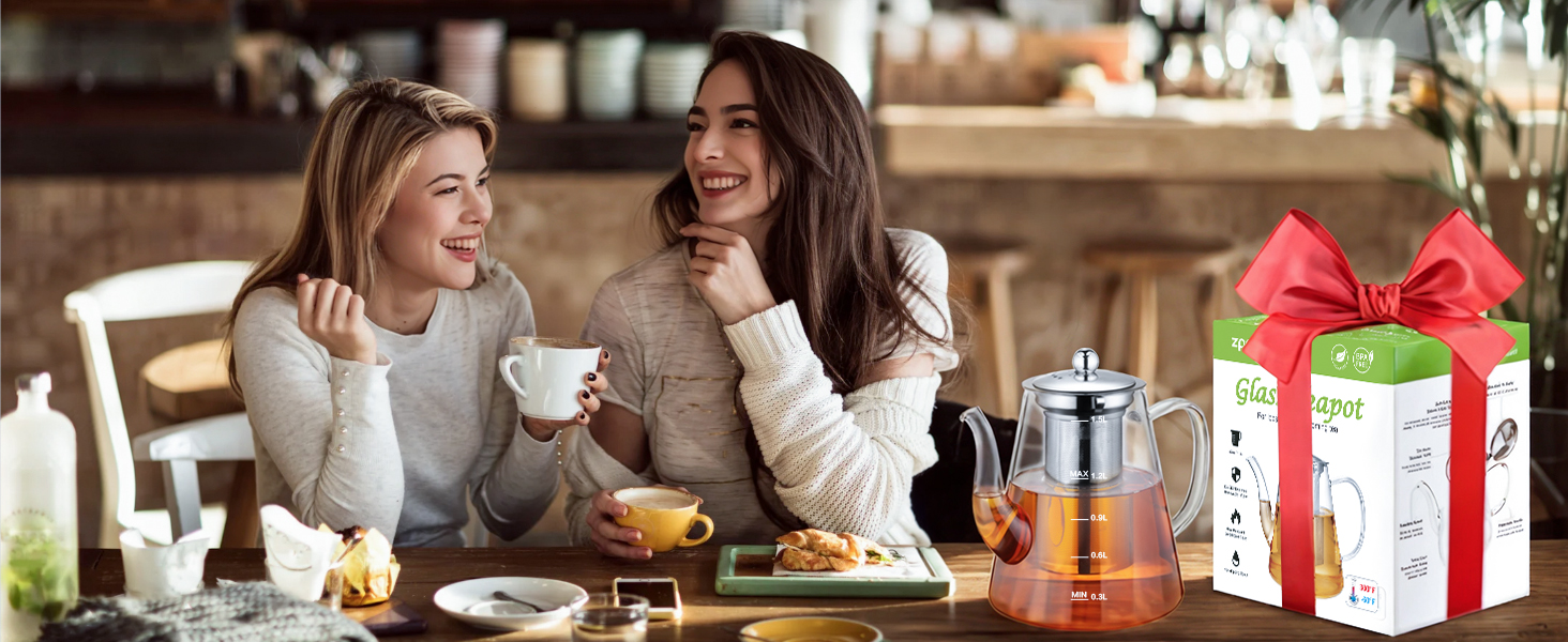 Скляний чайник з ситом 1200-1500 мл з боросилікатного скла з мірною шкалою для листового чаю та чайних квітів, подарунковий набір