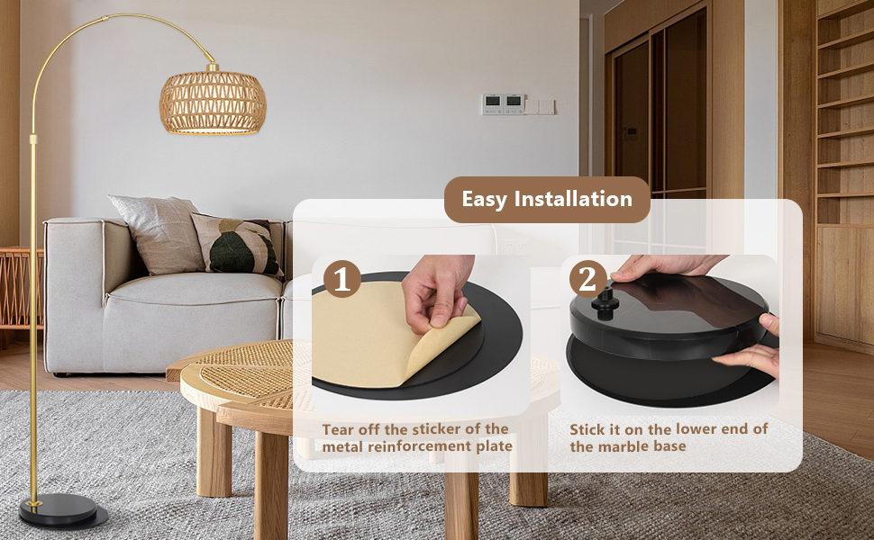Rayofly Торшер для вітальні Bogenlampe, бохо стиль, ротанг, з пультом ДУ та LED-лампою, керування через додаток, димування, для спальні, офісу (Золотий)