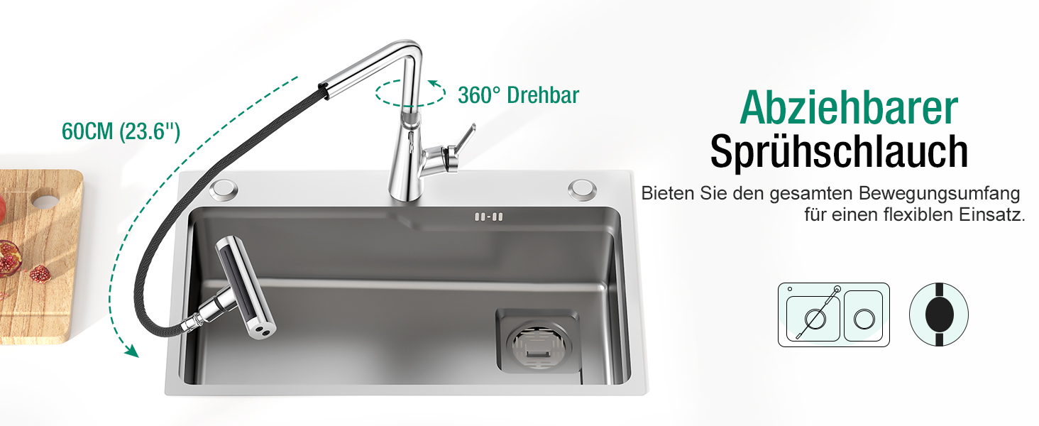 Кран кухонний водопровідний CREA Wasserfall висувний з дозатором мила, нержавіюча сталь, 360° обертання, 4 режими, хром