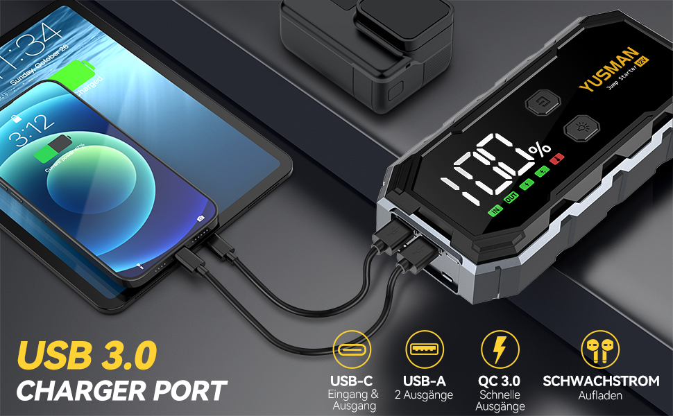 Powerbank для автомобіля Starthilfe: 6000A бустер для акумулятора, LED-ліхтарик, дисплей, кабель. Підходить для SUV, мотоциклів, газонокосарок Black