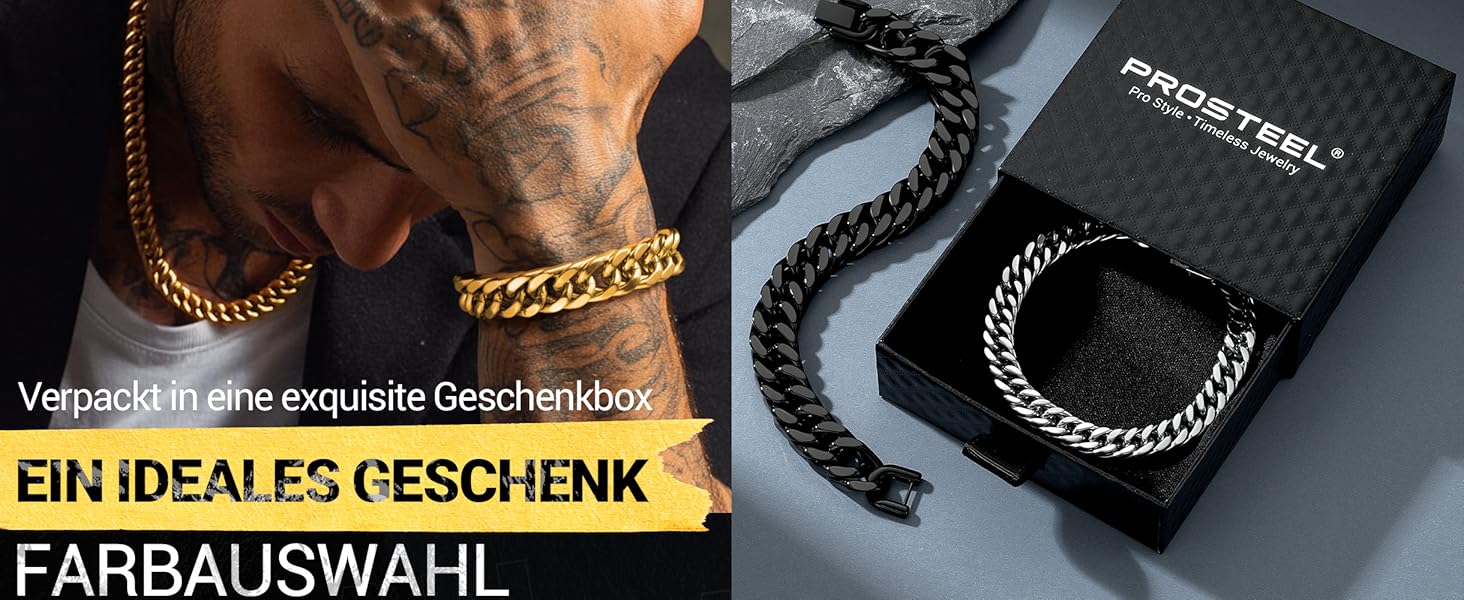 Чоловічий браслет PROSTEEL з нержавіючої сталі з 18K золотом, чорний, ланцюжок 'Panzerkette', важкий, для чоловіків та підлітків, 8 мм/12 мм/16,5 мм/17 мм, срібло, 19 см