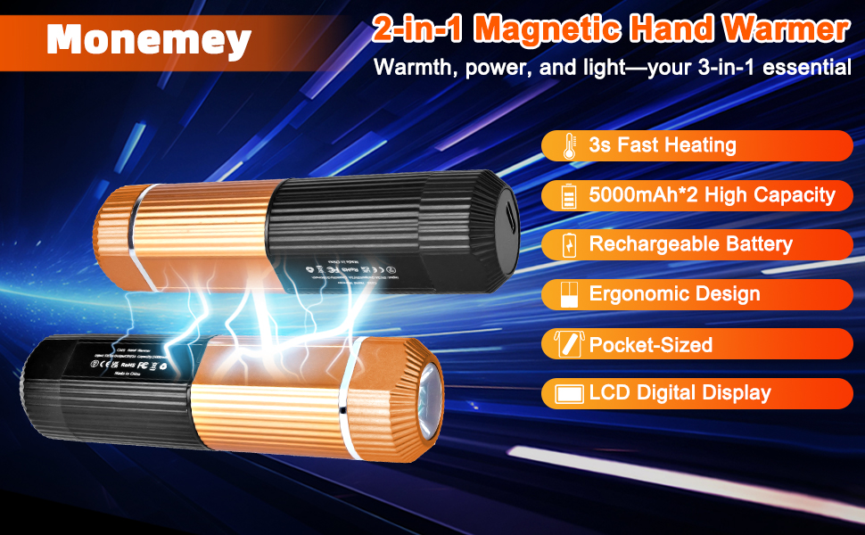 Електричний підігрівач для рук, багаторазовий, 2 шт., 10000mAh, USB, магнітний дизайн, для зими, подарунок, Outdoor, кемпінг (Чорний-Помаранчевий)