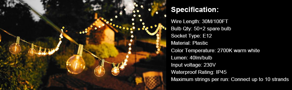 LED гірлянда GLUROO для вулиці, 7.6м, 12+1 лампочки G40, вологостійка, тепле світло, для саду, вечірок