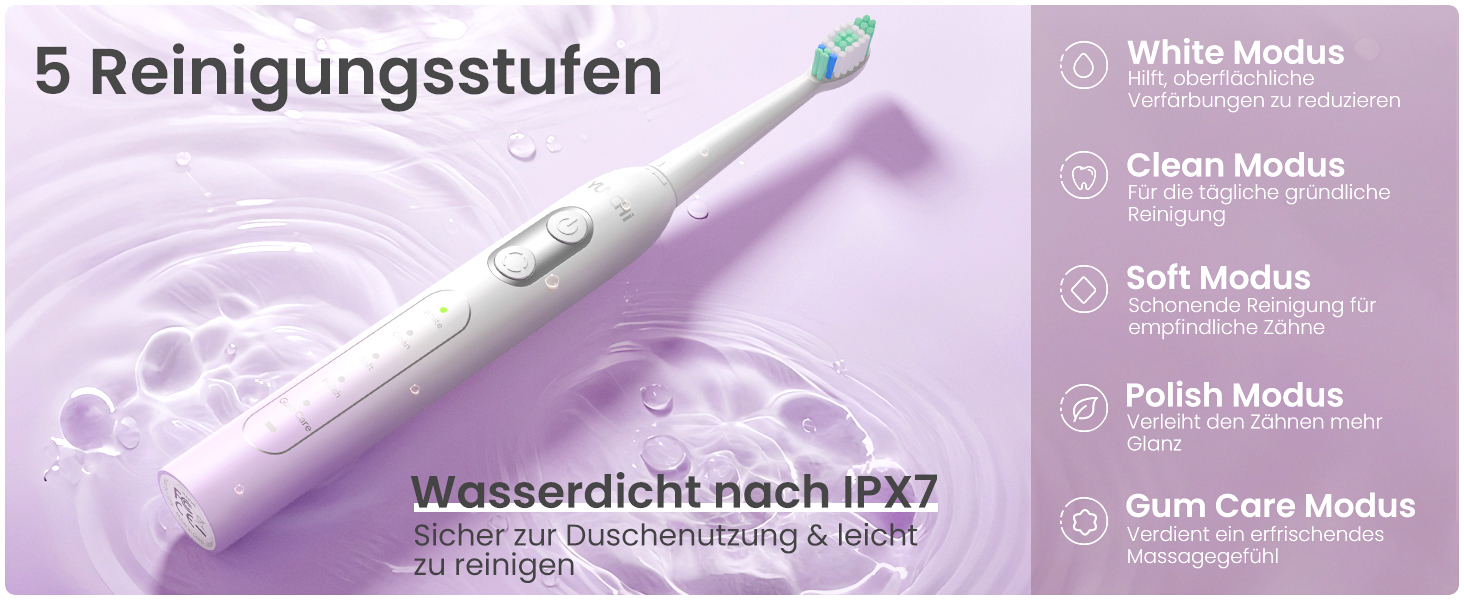 Електрична зубна щітка YUNCHI C2 з 40000 вібрацій на хвилину, звукова щітка для дорослих, зарядка USB-C, акумулятор на 55 днів, 5 режимів чищення, таймер 2 хвилини, 8 насадок, дорожній футляр, чорний (C2 фіолетовий та білий)