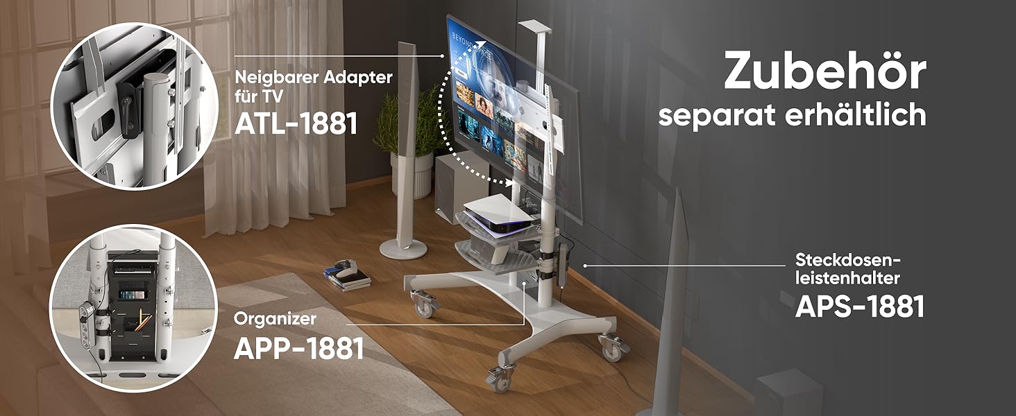 ONKRON Тримач для телевізора на колесах, 50-86 дюймів, до 105 кг, VESA 800x500, чорний TS1881-B (білий)