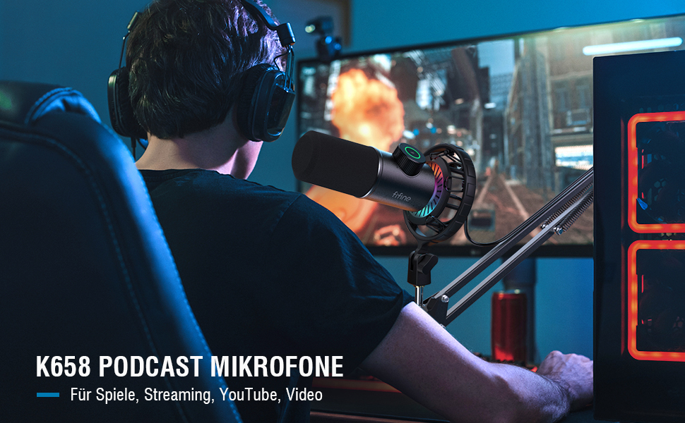 Мікрофон FIFINE K658 Black - USB мікрофон для ПК, PS4, PS5, MAC з RGB підсвічуванням, динамічний, 16 біт/48 кГц, 3.5 мм роз'єм для навушників, Plug-and-Play, з амортизатором