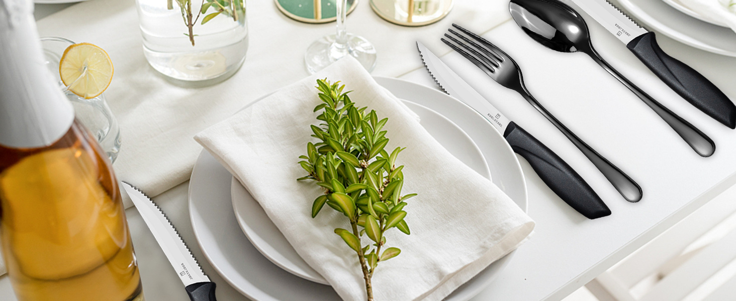 Набір столових приборів на 6 осіб, Targzier, 36 предметів, нержавіюча сталь, з ножем для стейка, преміум-якість, для сім'ї/вечірки/готелю, чорний, придатний для миття в посудомийній машині