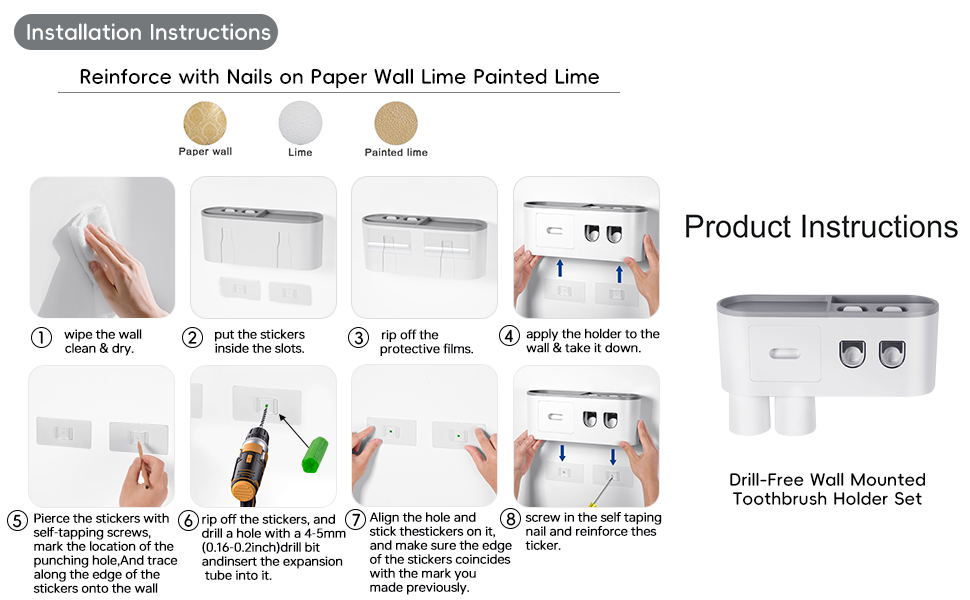 Тримач для зубних щіток настінний з автоматичним дозатором пасти для дітей та дорослих, 6 відділень для щіток, 2 магнітні стаканчики, сірий