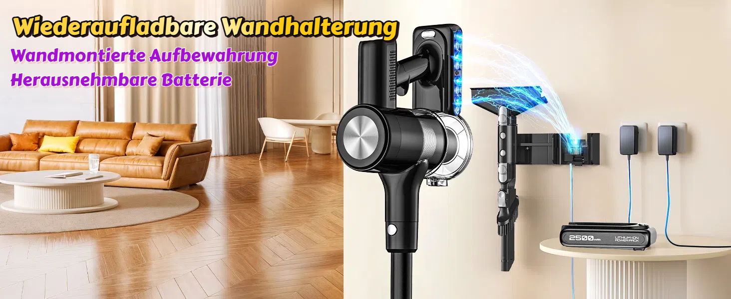 Бездротовий акумуляторний пилосос 48KPa/500W/55хв з LED-дисплеєм та станцією для зарядки, для прибирання шерсті тварин, килимів, твердих поверхонь та авто, чорний