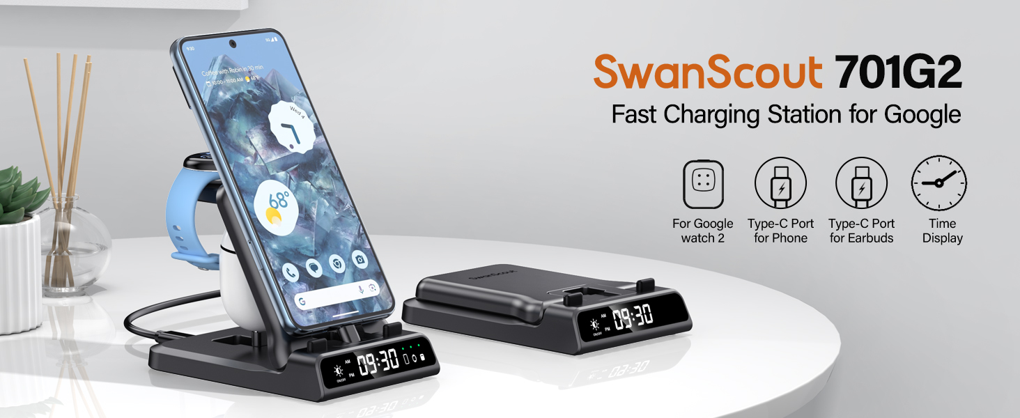 Зарядна станція 3-в-1 для Google Pixel Watch 3/2 та смартфонів Pixel, 25W USB-C, SwanScout 701G2 (Не для Pixel Watch 4/1)