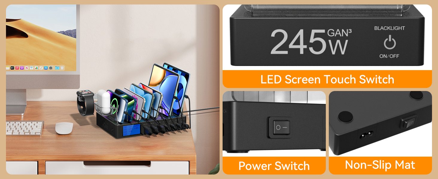 Зарядна станція 245W для декількох пристроїв, 7 портів USB, LCD-дисплей, кабель 7 шт. + тримач для iWatch, для iPhone, планшетів та іншої електроніки - чорна