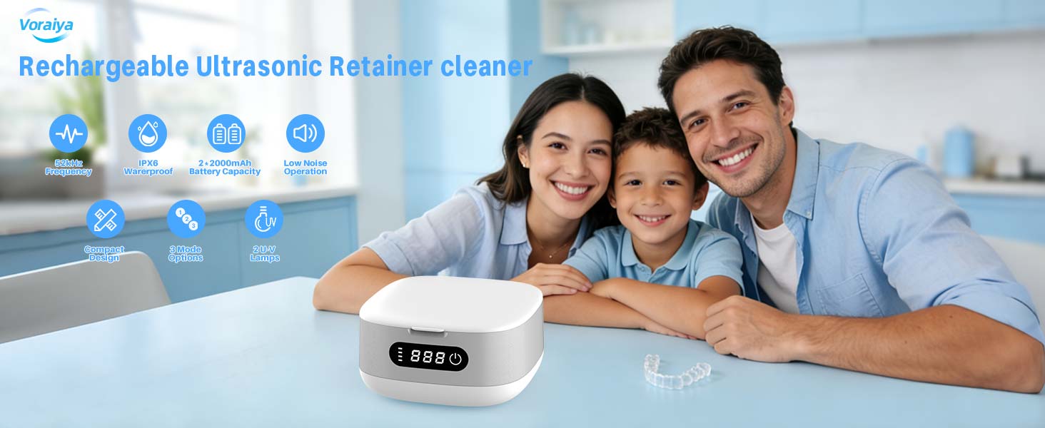 Ультразвуковий очищувач Voraiya 4000mAh IPX7 для зубних протезів, брекетів, кап, ювелірних виробів, срібла - портативний, акумуляторний
