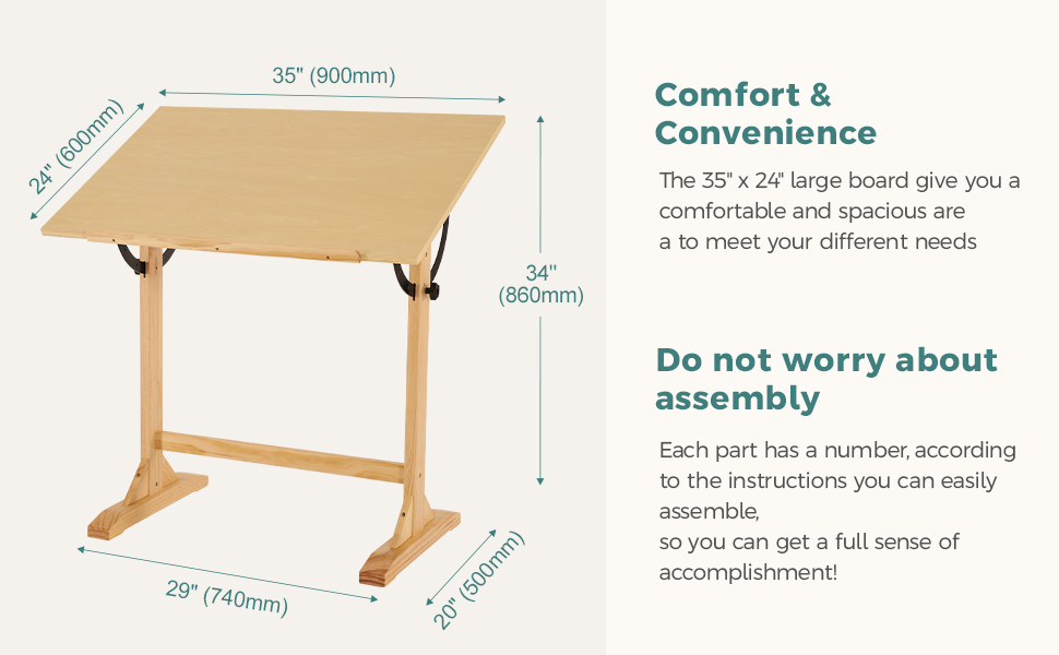 VISWIN Adjustable Drawing Table - Large Wooden Art Desk for Artists - Height & Angle Adjustable, Solid Pine Wood, Studio Easel Table for Painting & Drawing