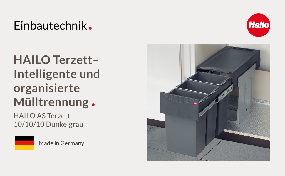 Вбудований сортер для сміття Hailo Terzett 3666131 - 3 секції, 10 л, повний висув, для шафок з дверцятами, сірий