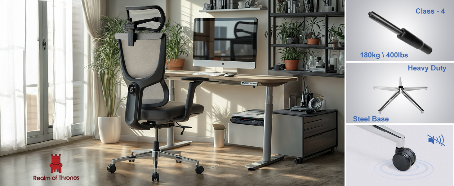 Офісний стіл Realm of Thrones CAPTAIN Deluxe: ергономічний стілець з регульованою поперековою підтримкою, дихаюча спинка, комфортне сидіння, сталева база, відкидні підлокітники (сірий)