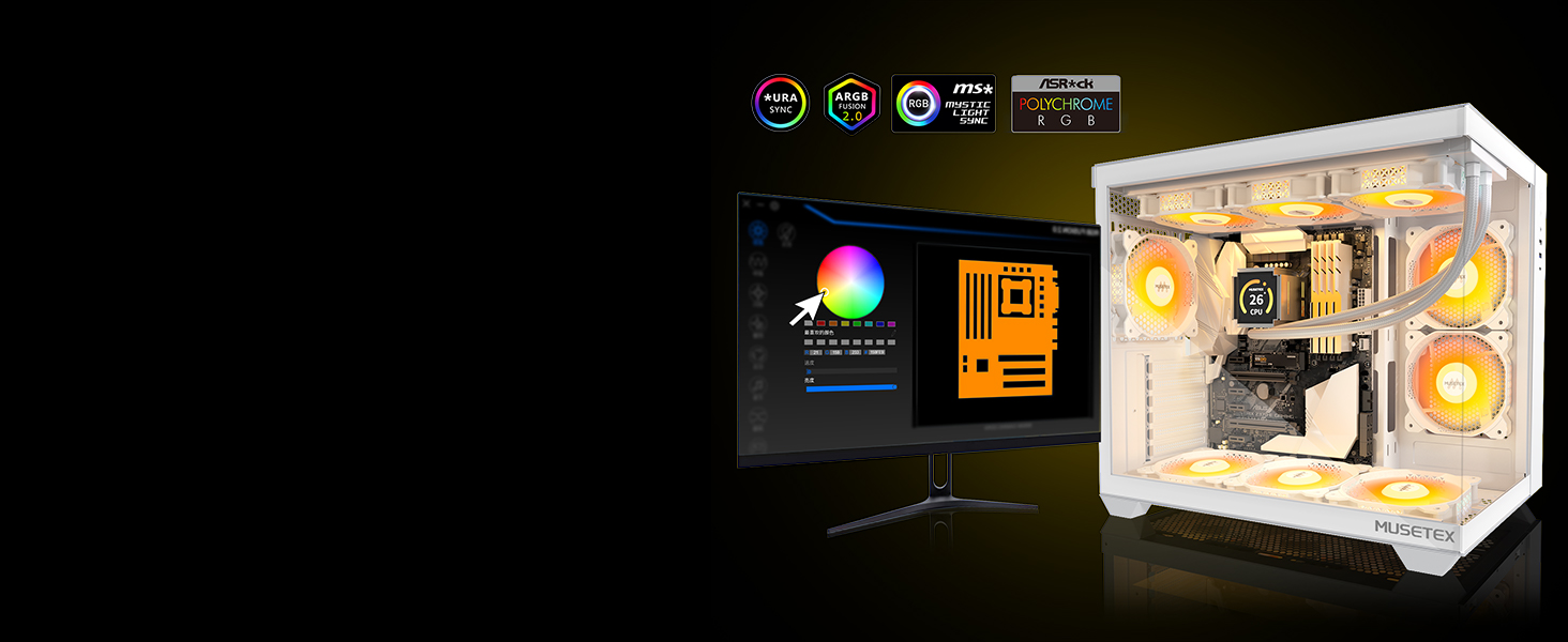 Корпус ПК ATX MUSETEX Y6 з 6 PWM ARGB вентиляторами, підтримка 360мм радіатора, Type-C, скляна панель 270°, білий