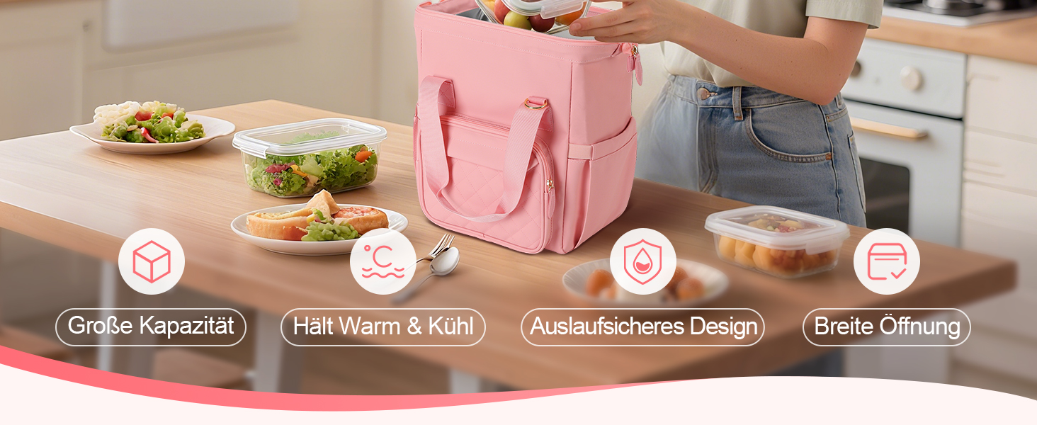 Сумка-холодильник 20 л, рожева: ізольована сумка-ланчбокс з PEVA-підкладкою, кілька відділень та плечовим ременем для роботи, школи, авто, пікніка