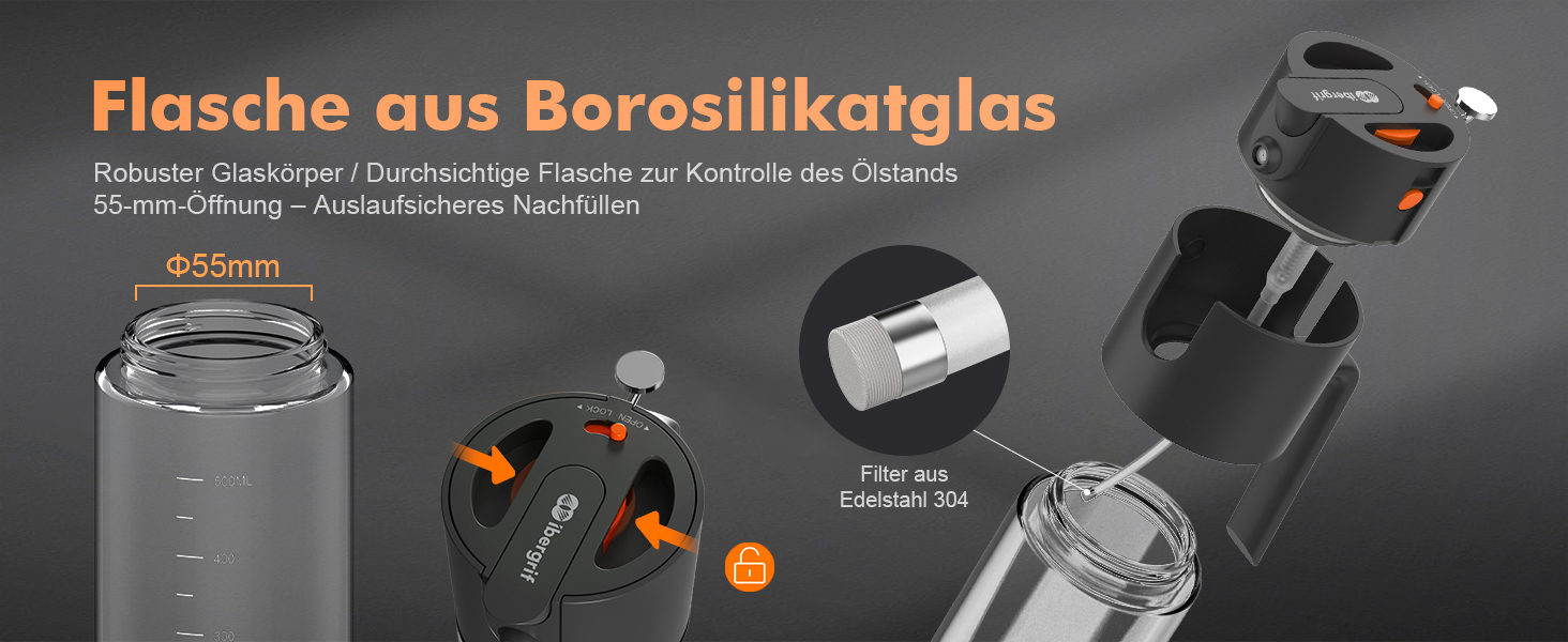 Розпилювач для олії Ibergrif 2-в-1, 500 мл, скло Borosilicate, для аерофритюрниці, гриля, духовки, салату - чорний M530B