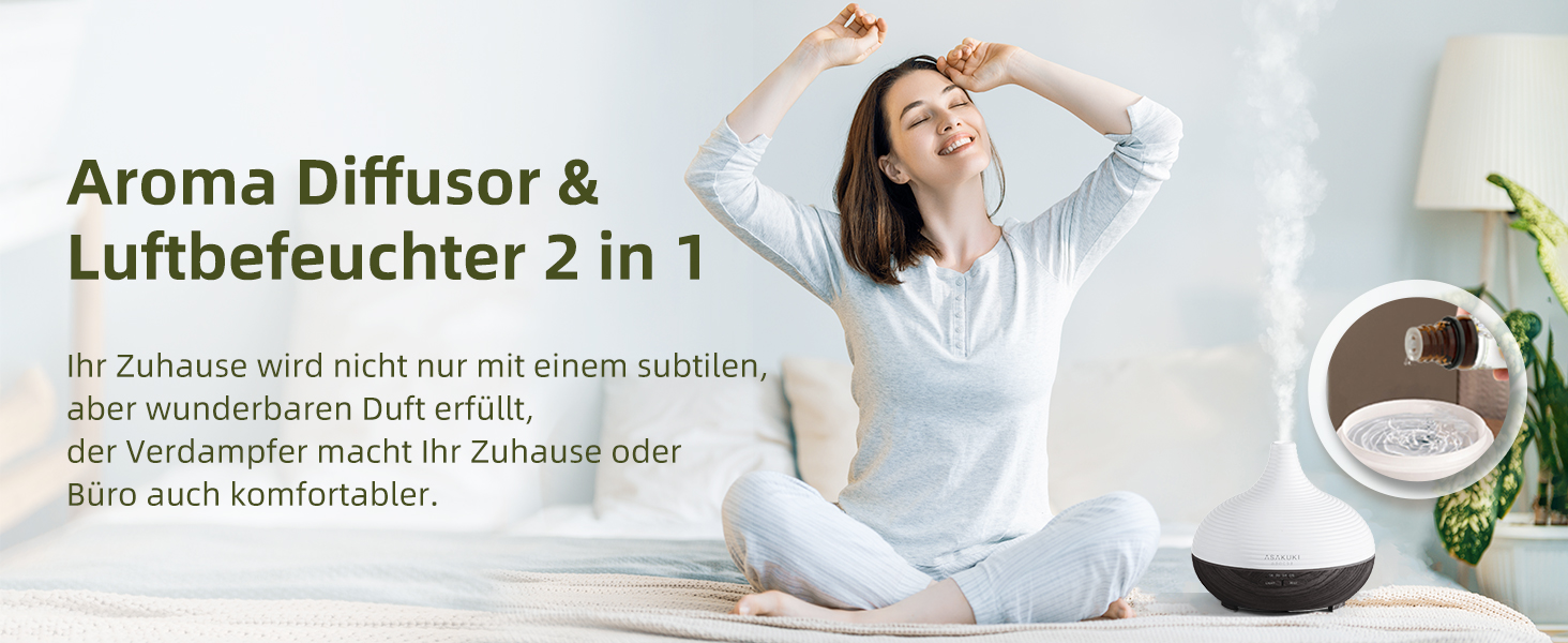 ASAKUKI Дифузор ароматичних олій 300мл, ультразвуковий зволожувач повітря, ароматерапія, LED-підсвічування, без BPA, для спа, офісу, спальні (Чорний)