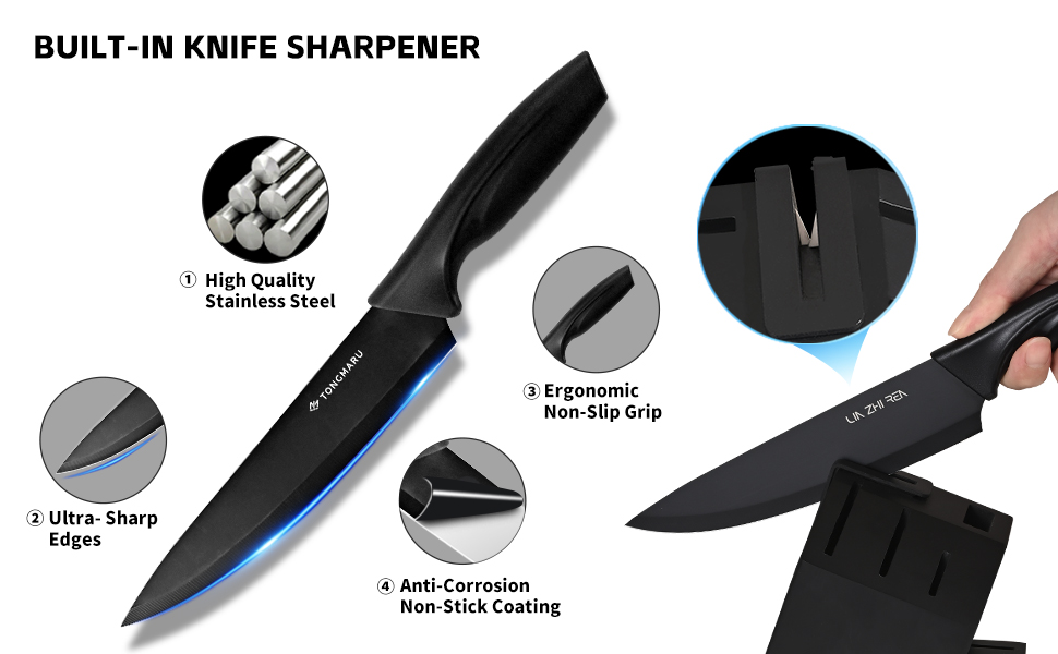 Набір ножів LIN ZHI REN 13 предметів з бруском, чорний. Кухонний набір ножів, ергономічні ручки, безпечний, для миття в посудомийній машині