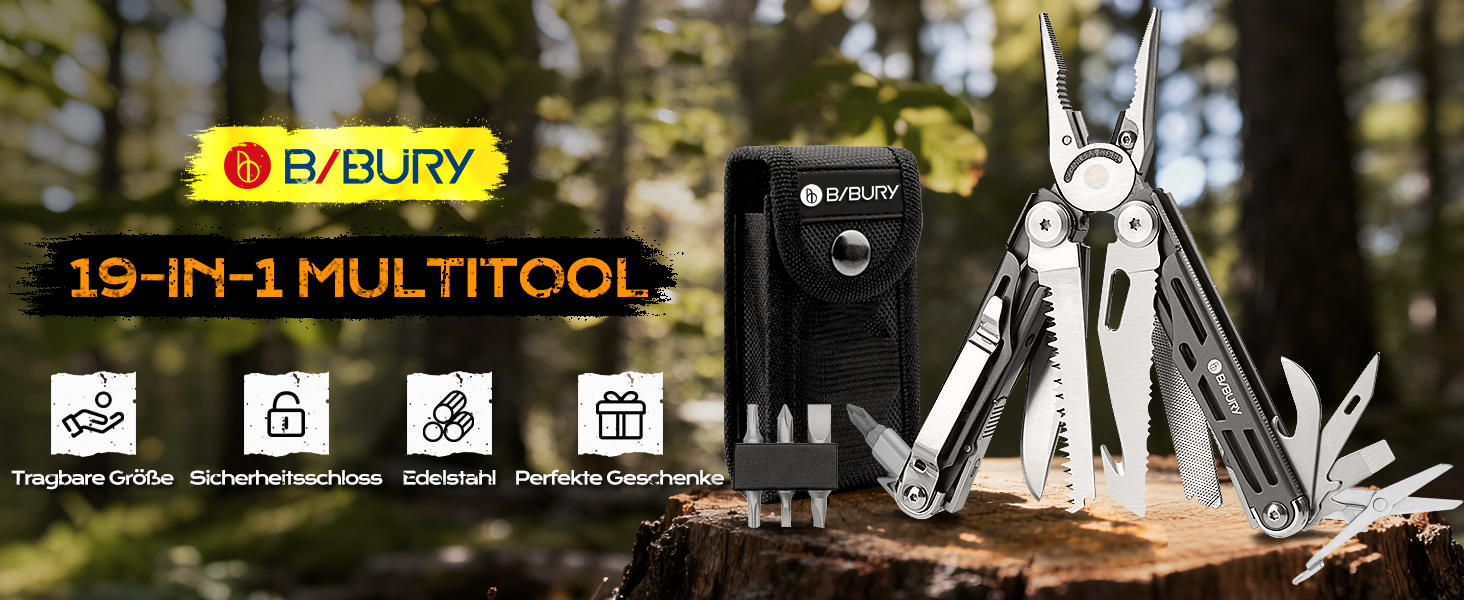 Мультитул BIBURY 19 в 1 з нержавіючої сталі: мультиінструмент з плоскогубцями, ножем, ножицями, викрутками. Ідеальний подарунок для чоловіків для відпочинку на природі, кемпінгу та ремонту.