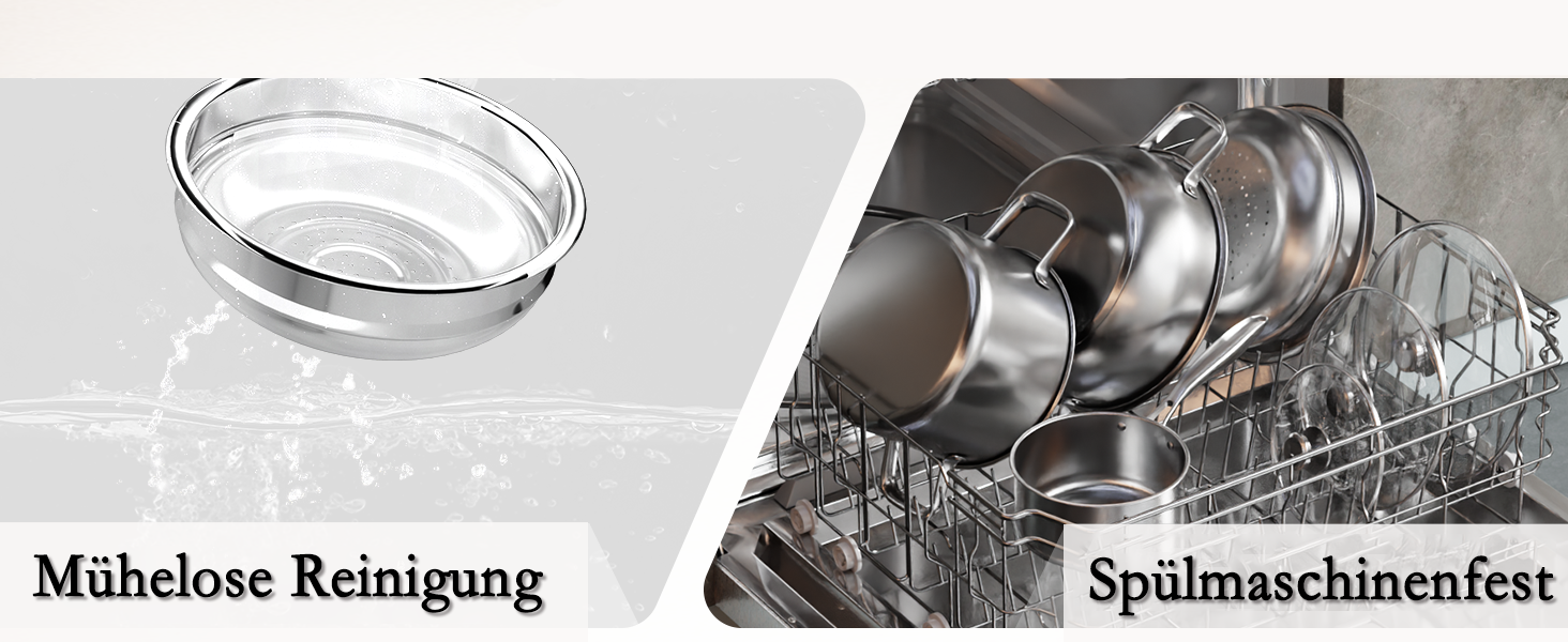 Набір каструль Induktion 12-частинний з нержавіючої сталі з тришасим дном, включає пароварку, 3 захисні диски для сковорідок та кухонне приладдя, безпечний у духовці до 250°C та придатний для миття в посудомийній машині, для всіх типів плит