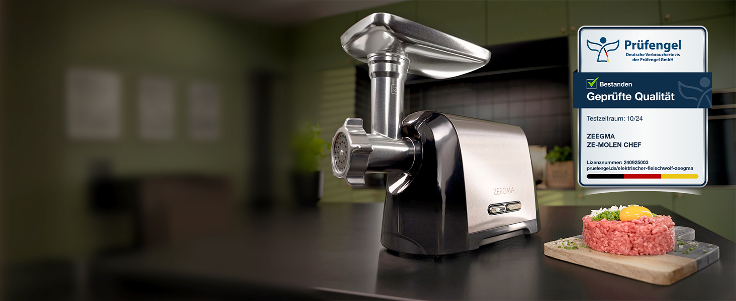 ZEEGMA Electric Meat Grinder - 1900W, Stainless Steel Plates, 3kg/min, Sausage Maker, Kubbe Maker, Chopping, Dicing, REV Function, Accessory Set - Silver