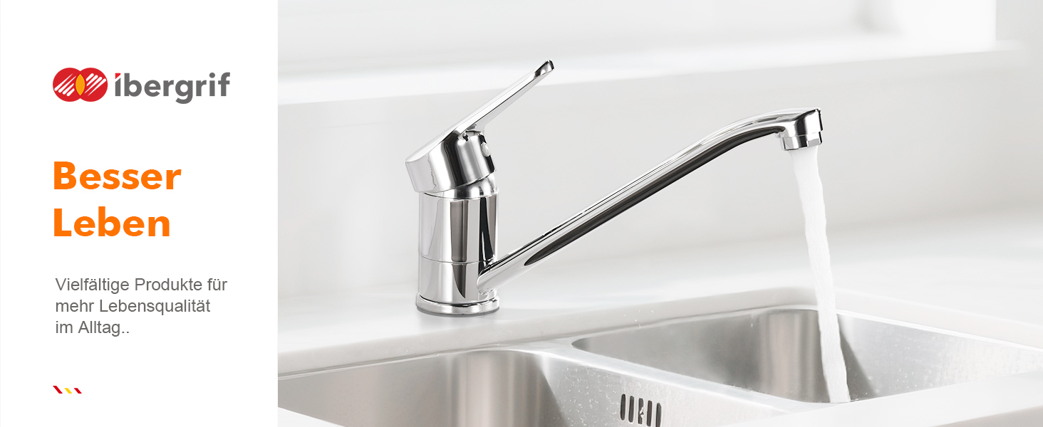 Змішувач для кухні Ibergrif M14450 з поворотним виливом 360°, керамічною картриджі та шлангами 40 см, хром/нержавіюча сталь